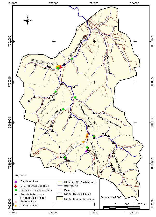 Dias et al. Figura 1. Localização dos pontos de coleta de água e propriedades rurais estudadas na bacia hidrográfica do Ribeirão São Bartolomeu, Viçosa, MG, janeiro de 2003 a janeiro de 2004.