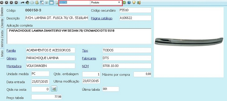 Para efetuar uma pesquisa de Produto pelo Código chg, informe a numeração no primeiro campo (Chave), não tem necessidade de informar o