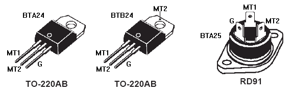 A figura a seguir ilustra três TRIACs para 25 ampères, fabricados pela SGS Thomson. A tensão de trabalho (V DRM / V RRM ) é de 600V e 800V, de acordo com sua codificação.
