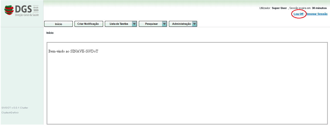 Figura 2 Nota: Por razões de segurança a sessão expira em trinta minutos, podendo a ligação ser renovada através da hiperligação Renovar Sessão localizada à direita do Log off.