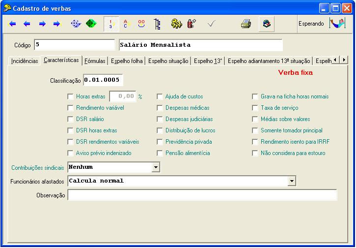 Reembolso GPS O valor da verba paga ao funcionário será reembolsado na guia de GPS. Aba Características: Horas extras Marcar este campo se a verba é de Horas Extras e informar o percentual.