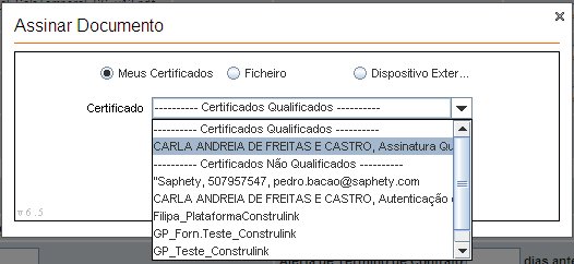 3. A Assinatura do Contrato Ao clicar em assinar, surge um menu de assinatura, no qual se deve seleccionar o certificado qualificado.