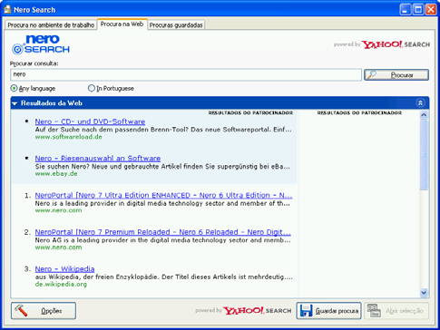 Janela principal do Nero Search 4.2 Separador Procura na Web Os resultados da procura são visualizados de uma forma mais detalhada no separador Procura na Web que na procura rápida.