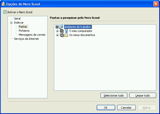 Activar e configurar o Nero Scout Também tem a possibilidade iniciar o processo de indexação com o botão Indexar agora.