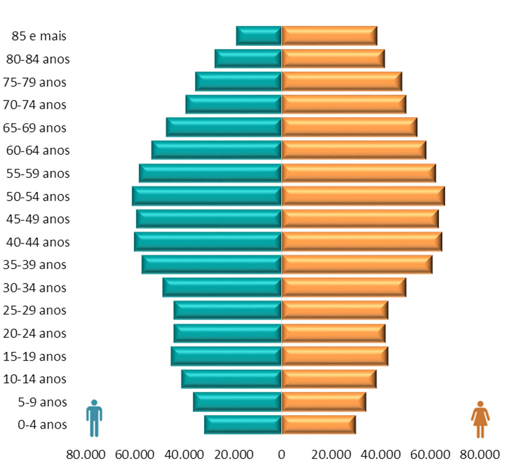 Figura 2 Pirâmide etária da população residente na região de saúde do Centro Fonte: PORDATA Em termos dos principais indicadores demográficos, tal como se observa no quadro seguinte, verifica-se que