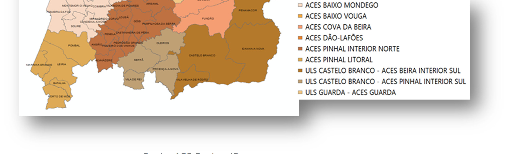 Figura 3 Mapa dos ACES e ULS da região de saúde do Centro Fonte: ARS Centro, IP A rede de CSP da região de saúde do Centro inclui 85 Centros de Saúde (CS), sendo 21 integrados nas ULS de Castelo