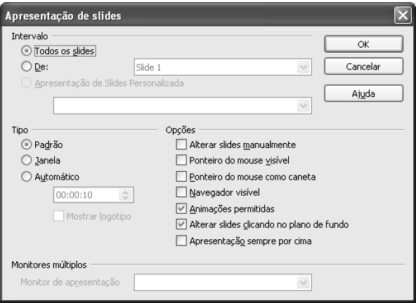 Menu Apresentações (principais comandos): Apresentação de slides (F5): permite visualizar o slide com suas transições e animações.