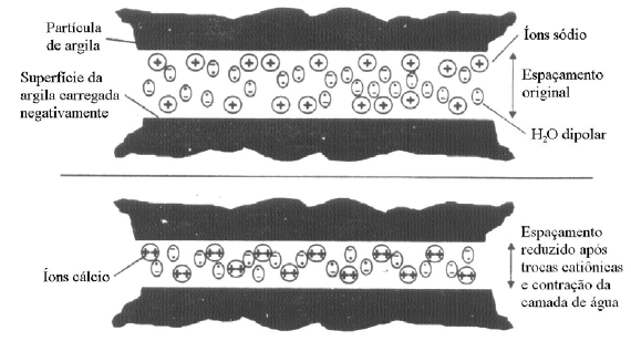 40 argilomineral, cátions e moléculas de água são atraídos para a superfície de clivagem carregada negativamente, o que resulta na separação de duas camadas, chamada de dupla camada difusa.