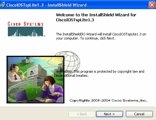 Termine estas etapas a fim instalar o direcionador de CiscoIOSTspLiteExecute o o CiscoIOSTspLit1.3.exe.