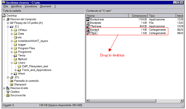 7. 8. Arraste e deixe cair estes dois atalhos no desktop de seu PC ou portátil: Tftpd e Bootpd. Veja o desktop.