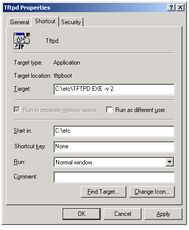 A caixa de diálogo das propriedades de Tftpd aparece (veja figura 8).