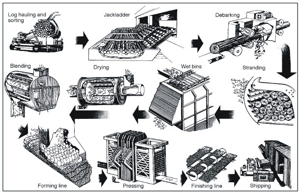 FIGURA 4 ESQUEMA DO PROCESSO DE PRODUÇÃO DO OSB,!!! /!% "!!#!!! '%!-!. 01 #!" + &# FONTE: FOREST PRODUCTS LABORATORY (1999, p. 10-14) 2.7.