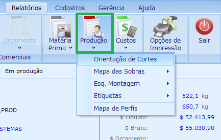 K) O Menu Relatórios contem informações úteis para a Produção, como por exemplo os relatórios de Corte e Montagem das