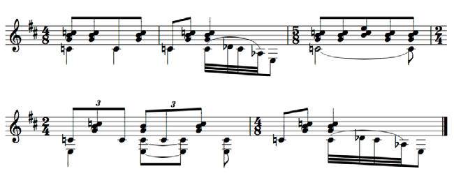 Essa troca rítmica pode ser comparada a uma transposição e, portanto, a uma simetria translacional, na qual as colcheias simples do primeiro segmento correspondem às quiálteras de colcheia do