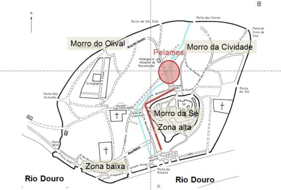 Figura 4 - Planta do Porto (séculos XIV e XV) A evolução conjuntural dos vários poderes na cidade implicou fortes marcas diferenciadas na paisagem urbana, resultantes das distintas atuações no