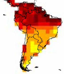 The aggregated CCI (Climate Change index) on a grid basis for South America, for the 2071-2100 period in relation to 1961-90. (Baettig et al. 2007).