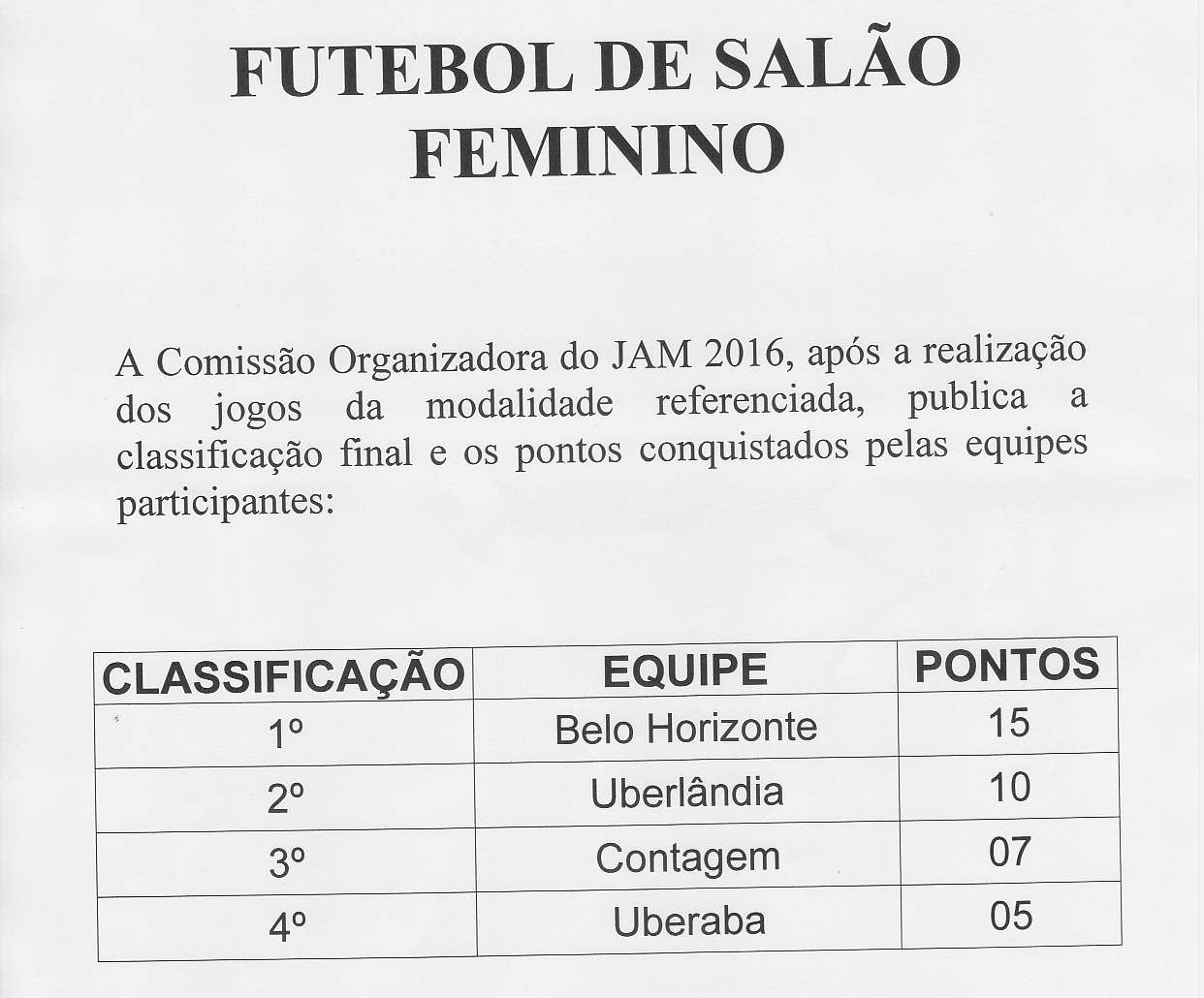 FUTEBOL DE SALAO FEMININO A Comissão Organizadora do JAM 2016, após a realização dos jogos da modalidade referenciada, publica a