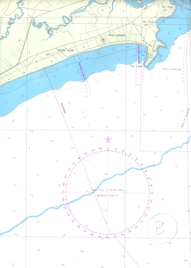 Em alguns pontos da carta náutica encontramos rosas-dos-ventos, com as orientações Norte, Sul, Leste e Oeste.