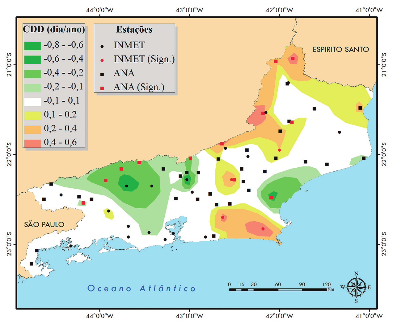 Figura 25 Magnitudes das tendências observadas (dia/ano) nos períodos secos (CDD) no Estado do Rio de Janeiro, calculadas através da Curvatura de Sen aplicada aos dados do INMET e da ANA.