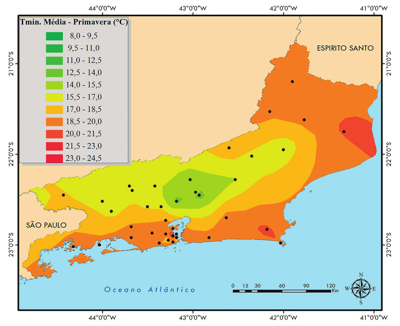 2 Temperatura Máxima As Figuras 6 a 9 apresentam a distribuição média de temperatura máxima no estado do Rio de Janeiro para o verão, outono, inverno e primavera.