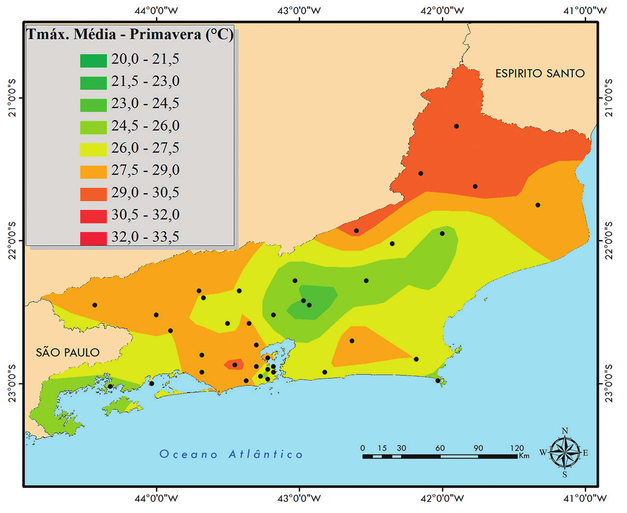 Figura 9 Temperaturas máximas na primavera no  Figura 10 Diferenças entre as temperaturas máximas e mínimas (amplitude térmica, em C) no  129