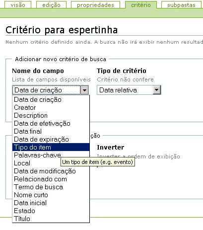 Edição do item - Coleções Selecione a aba Critério.