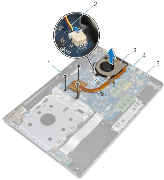 2 Por ordem sequencial (indicada no conjunto do dissipador de calor), desaperte os parafusos integrados que fixam o conjunto do dissipador de calor à placa de sistema.