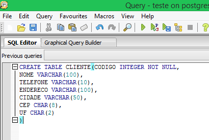 Figura 5 Comando de criação de tabela No teste do insert foi utilizada a tabela cliente para as informações serem guardadas. Assim, a Figura 6 mostra a implementação do comando. 4.