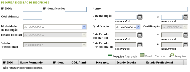 A pesquisa simples contempla os campos mais importantes e é através desta que se pode localizar um determinado formando no sentido de finalizar o preenchimento dos formulários conducentes à emissão