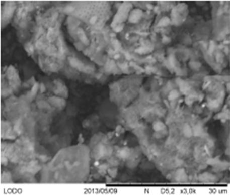 Em todas as micrografias, os materiais apresentaram partículas heterogêneas e com diferentes diâmetros e formas, o solo e o