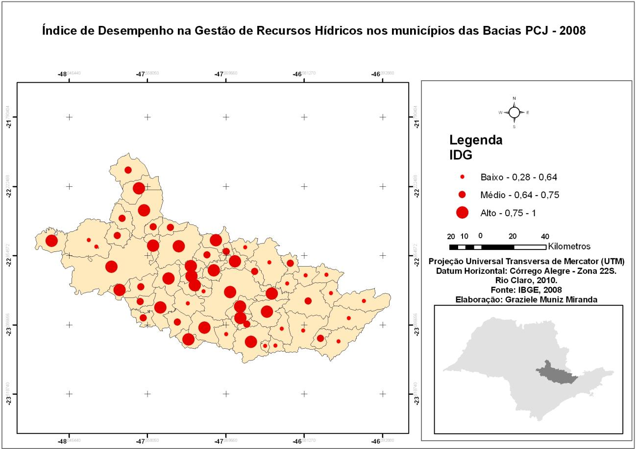 (2008) Mapa 5: Índice de Desempenho na Gestão de Recursos Hídricos IDG nos municípios das Bacias Hidrográficas dos rios Piracicaba, Capivari e Jundiaí PCJ (2008) De acordo com Archela e Thery (2008),