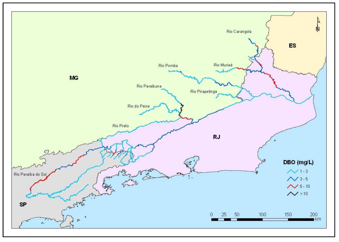 Figura 4-4 Comprometimento qualitativo (DBO) dos trechos de rios da bacia - Situação 2011. Fonte: Vallenge, 2010c.
