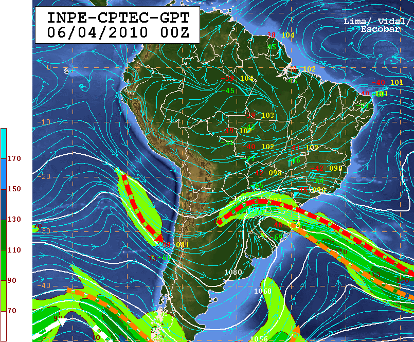 Analisando a carta sinótica de altitude (Figura 03) nota-se a presença do cavado cujo eixo estende-se pelo sul do Paraguai, faixa norte do RS estendendo-se pelo Atlântico adjacente.