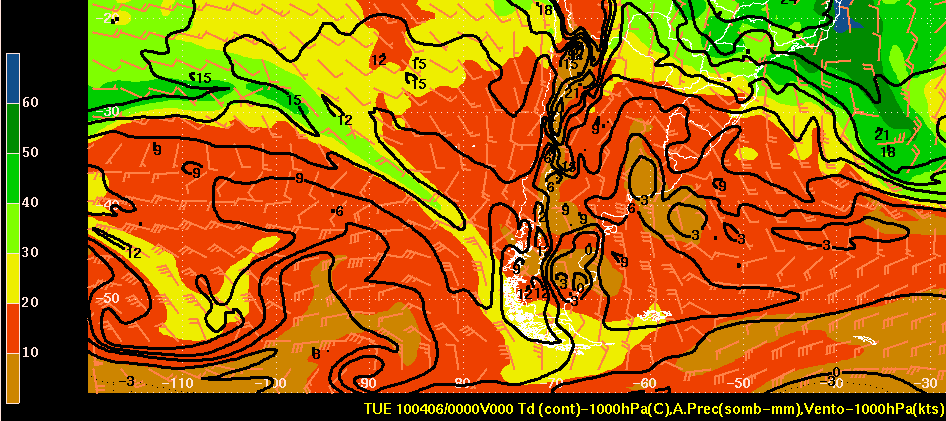 Os valores de temperatura do ponto de orvalho (Td) também se mantinham elevados variando entre 21C e 24C e ventos do quadrante sudeste sobre a faixa litorânea da Região Sudeste.