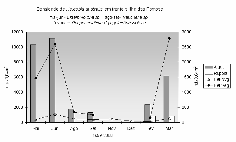 Figura 4 - Biomassa vegetal e densidade de Heleobia australis em áreas