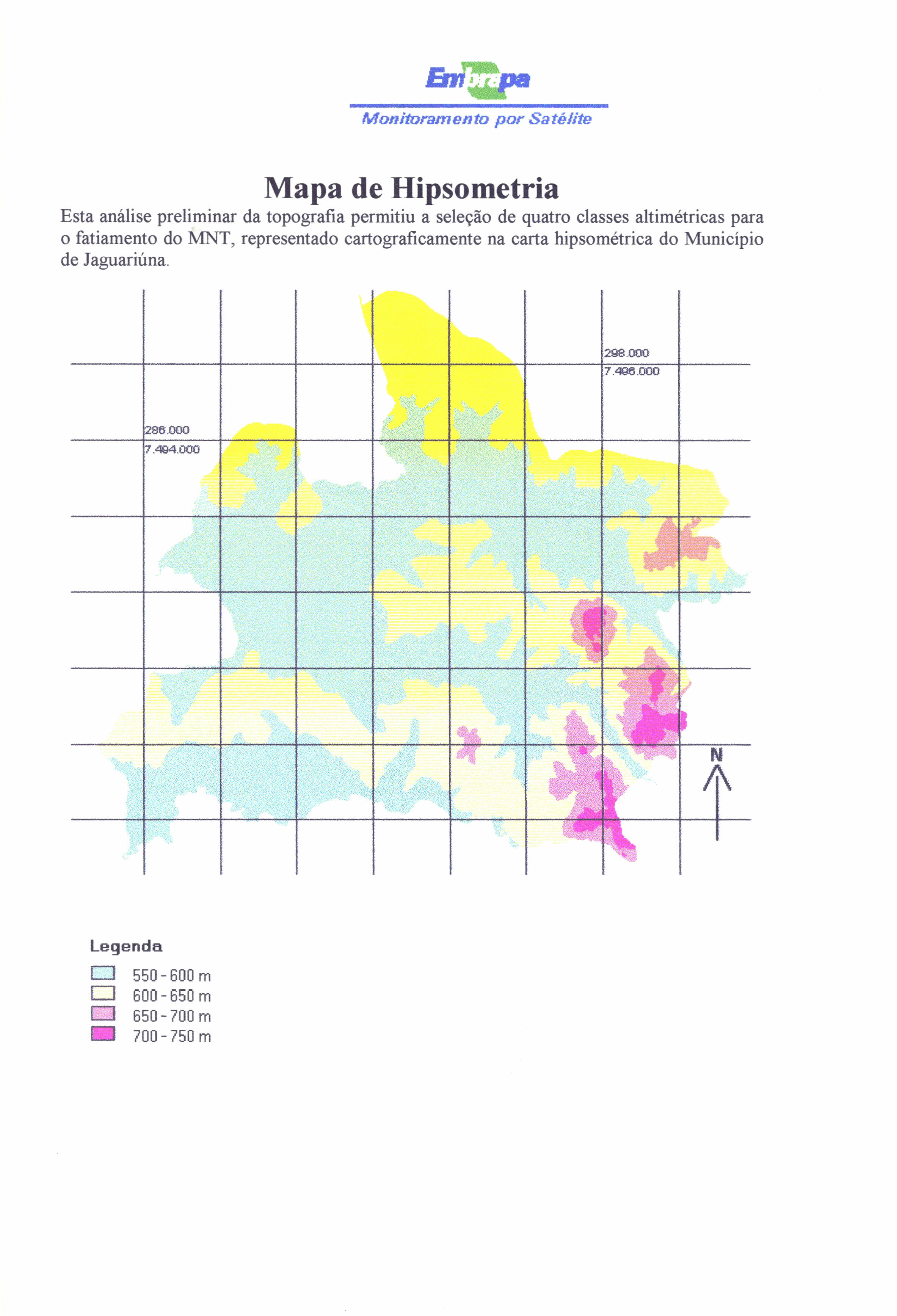 Monitoramento por Satélite Mapa de Hipsometria Esta análise preliminar da topografia permitiu a seleção de quatro classes altimétricas para o fatiamento do MNT,