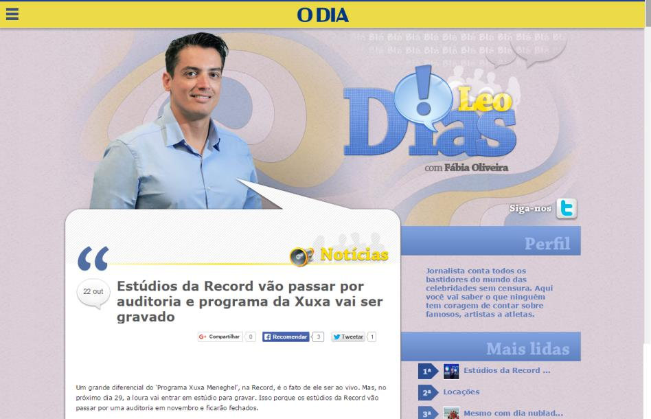 PERFIL A página do facebook do Jornal O DIA foi criada em 07 de maio de 2010.