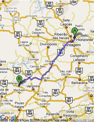 Caminho mínimom Exemplo: Caminho mínimo entre BH e Alfenas calculado pelo Google Maps.