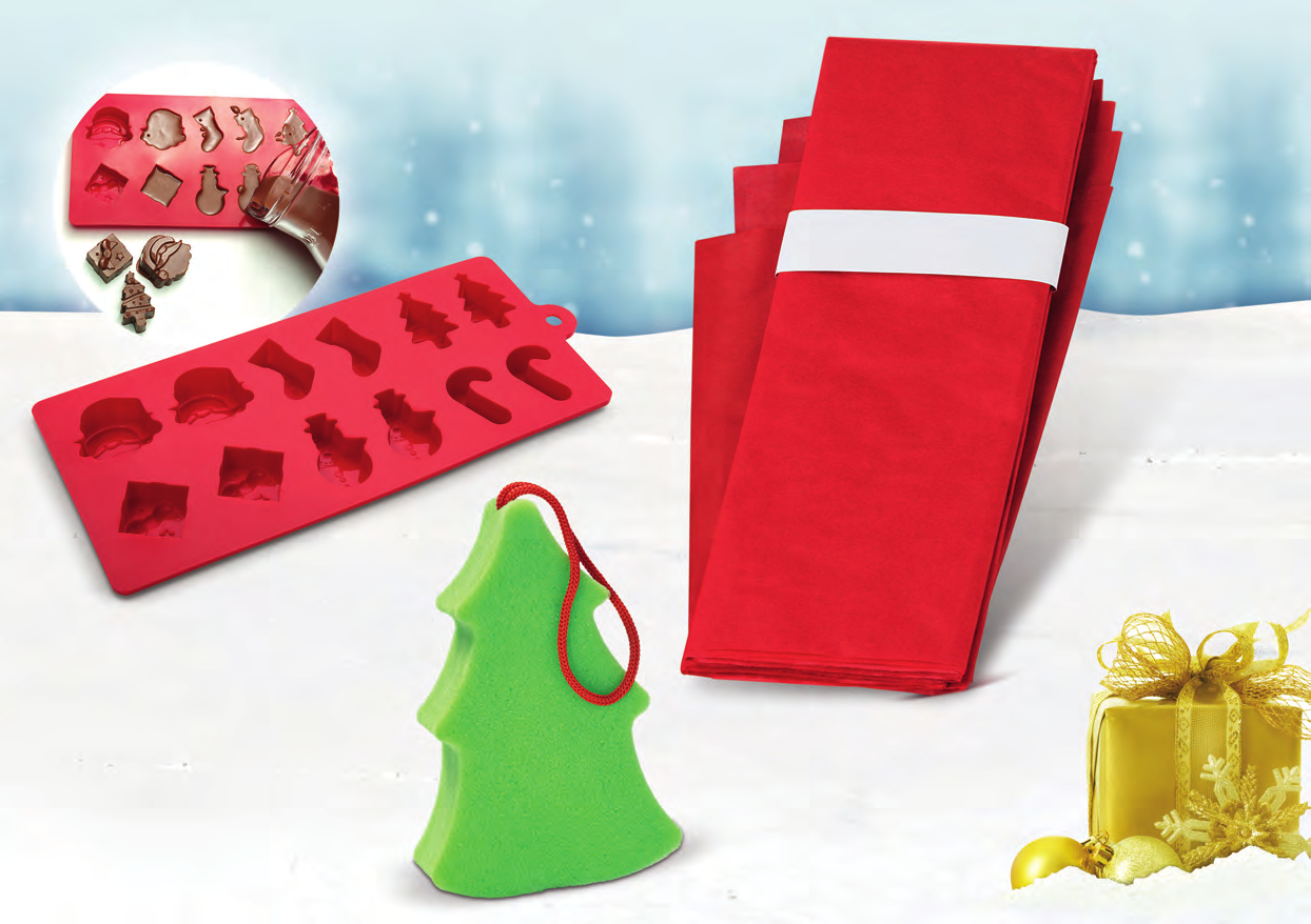 2 2 Tabuleiro Chocolate and Ice Emocionante molde de silicone vermelho com formas alusivas ao Natal que pode ser usado para fazer chocolate ou gelo. Dimensões: 21,5 x 4 x 10 cm.