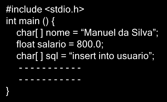 Características Ciclo de vida de uma aplicação em C/C++ #include <stdio.h> int main () { char[ ] nome = Manuel da Silva ; float salario = 800.