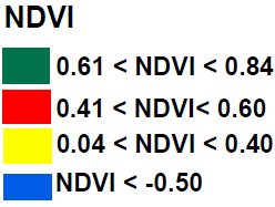 Áreas com rochas e solo expostos têm reflectividade próximas a zero (áreas em vermelho e amarelo da imagem); e valores altos de NDVI estão associados ao vigor na vegetação (áreas de verde).