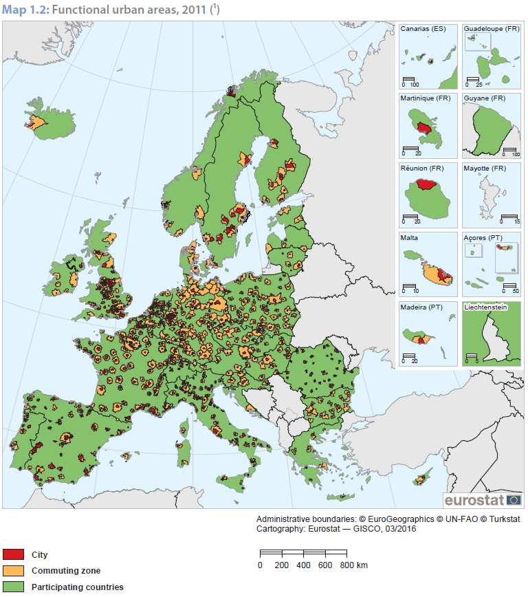 - Functional urban área : consiste numa cidade e na sua zona de comutação; esta é definida em relação a padrões de trajeto, com base nos municípios com pelo menos 15% dos seus residentes empregados