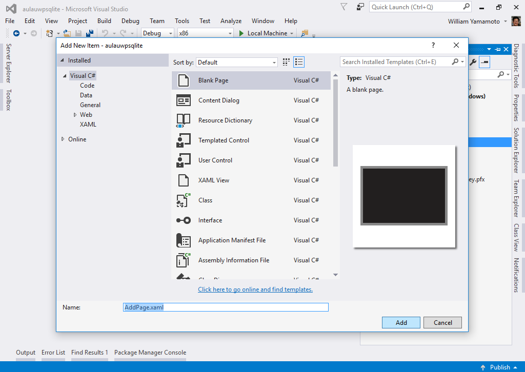 18) No Solution Explorer, criar a AddPage.xaml clicando com o botão direito do mouse sobre a pasta View - Add Blank Page e clicar no botão [Add] 19) Escrever o AddPage.