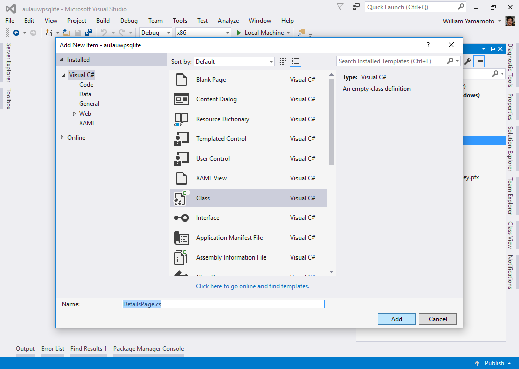 21) No Solution Explorer, criar a DetailsPage.xaml clicando com o botão direito do mouse sobre a pasta View - Add Blank Page e clicar no botão [Add] 22) Escrever o DetailsPage.