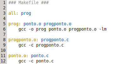 Nota: A opção -lm foi adicionada para realizar a ligação com a biblioteca math, utilizada na implementação do arquivo ponto.c. Agora vamos organizar os comandos acima de acordo com a estrutura do Makefile.