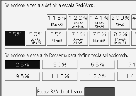 Escala de reprodução 8 1 / 2 11 11 17 (129%) 8 1 / 2 8 1 / 2 8 1 / 2 14 (155%) 5 1 / 2 " 8 1 / 2 " 11" 17" (200%) 400% Escala R / A do utilizador (25-400%) Desligado Predefinição: F1: 73% F2: 155%