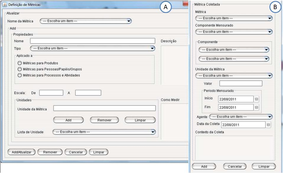 Figura 26. Definição de Métricas (A) e Coleta de métricas (B) [Ribeiro et.al.