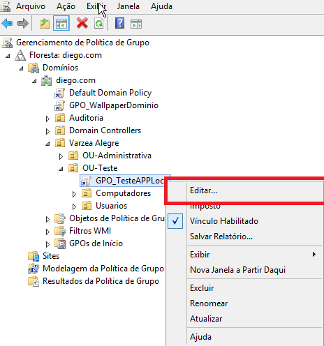 Então depois de criá-la, mova algum computador de teste para essa OU e