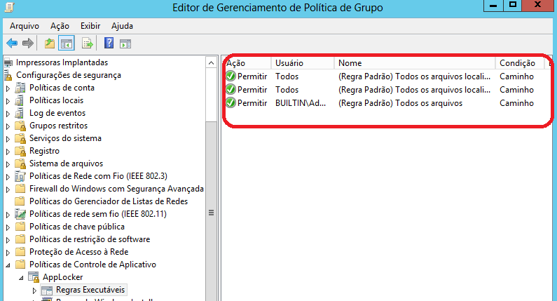 Observação importante: As regras padrões são criadas, para garantir que os usuários possam executar os programas que estão já instalados na estação e que os administradores possam instalar programas