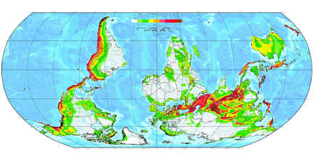 Figura 3 Distribuição mundial da perigosidade sísmica (a cor mais escura representa os maiores valores de PGA).
